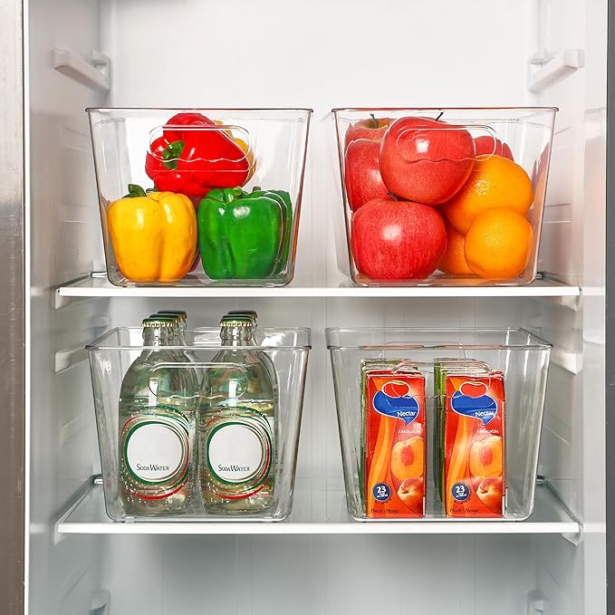 Vtopmart Clear Plastic Storage Bins, 6 PCS Pantry Organizer Bins with Handle for Refrigerator, Fridge, Cabinet, Kitchen, Countertops, Cupboard, Freezer Organization and Storage, Large