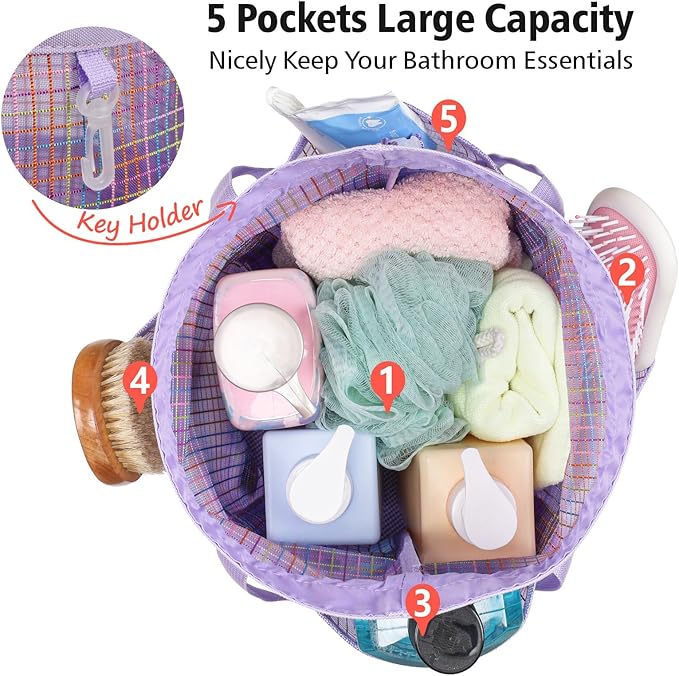 F-color Mesh Shower Caddy Portable with Drawstring - Tall 5 Pockets Dorm Room Essentials for Guys Girls with S Hook, Shower Bag Basket Tote for College Camping Travel Toiletry Bathroom, Purple Grid