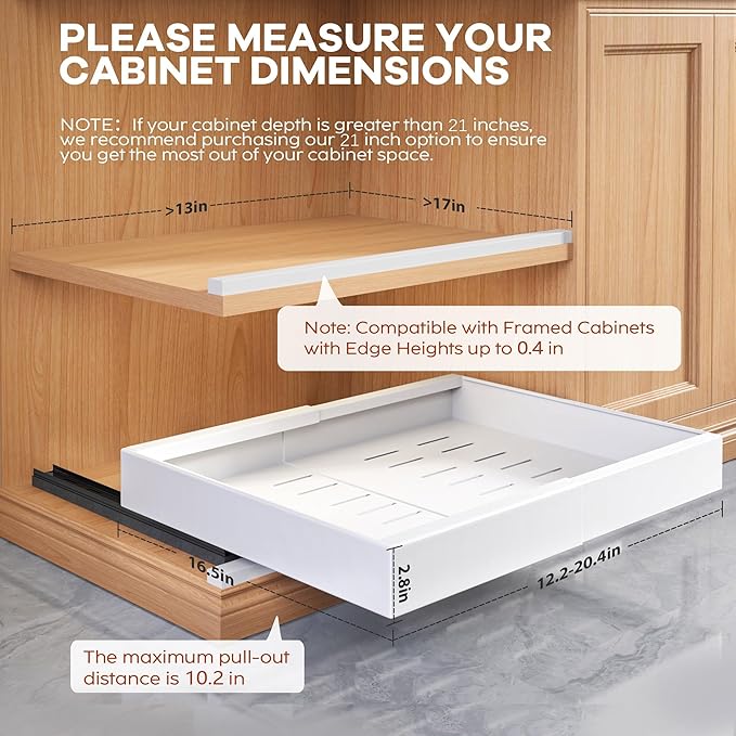 1 Pack Expandable Pull Out Cabinet Organizer 21" Deep with Raising Pad for Framed Cabinets,Upgrade 3 Slide Rails Slide Out Drawers,Roll Out Shelves Adhesive,Adjustable Width 12.05"-20.4"White