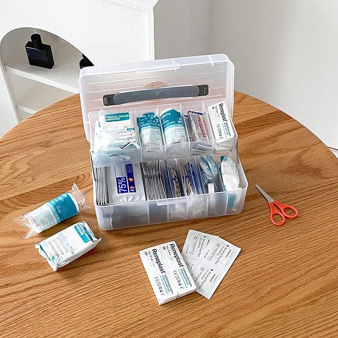 Large Bandage Organizer with Lid, Plastic 2 Tiers Container for Home Medicine Cabinet, Office, School Use, Bandages Storage Holder for Fabric Adhesive Strip, Medical Elastic Wrap