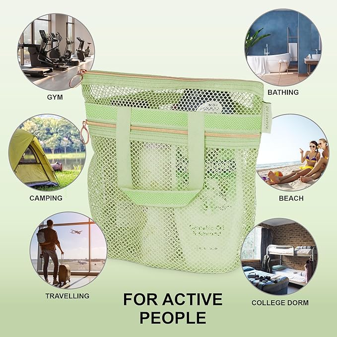 Mesh Shower Bag 10.2x9.9'' Quick-Dry Caddy with Zipper & 2 Pockets. Portable Toiletry Tote for Bathroom, Gym, Travel, Camp, Beach, for Sunscreen, Dorm & College Essentials (Light Green)