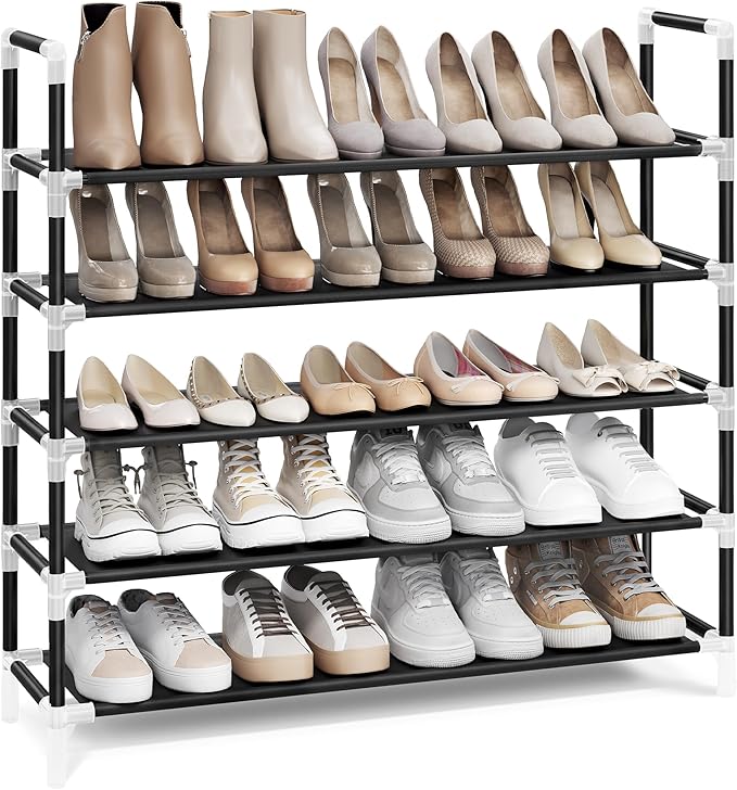 SONGMICS 5-Tier Shoe Rack, Shoe Storage for Hallway Closet, Slim and Space-Saving, Metal Frame, Non-Woven Fabric Shelves, Black ULSH55H