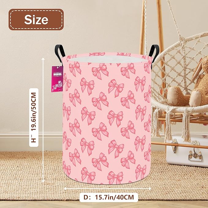 Laundry Hamper Large Canvas Fabric Lightweight Storage Basket/Toy Organizer/Dirty Clothes Collapsible Waterproof for College Dorms, Boys and Girls Bedroom,Bathroom(Pink bowknots)