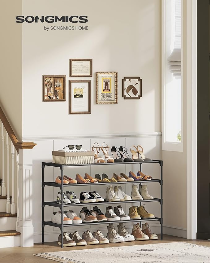 SONGMICS Shoe Rack, 4-Tier Shoe Storage Organizer, Space-Saving, 11.7 x 36.1 x 27.7 Inches, Entryway, Metal Frame, Non-Woven Fabric Shelves, Ink Black ULSH034BH01