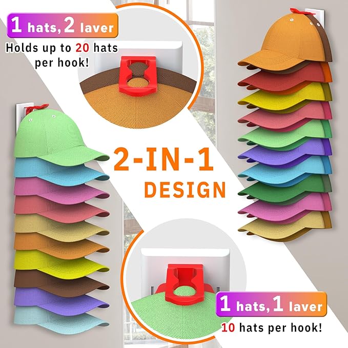 Hat Organizer for Baseball Caps, 2 Pack Hold Up to 40 Hats, Hat Rack for Wall Space Saving, Hat Hanger w/Strong Adhesive Hat Storage Holder Display for Closet Door and Wall(White& Color)