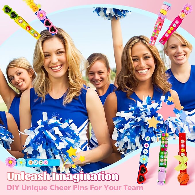 100 Cheer Pins Set - Wooden Colored Clothes Pins with Glue & Tools,Cheer Pin Kit 180 Mini Bows Ducks Daisy Balls 300 Letters 4 Stickers, DIY Custom Pins for Backpack Team Cheerleader Gifts