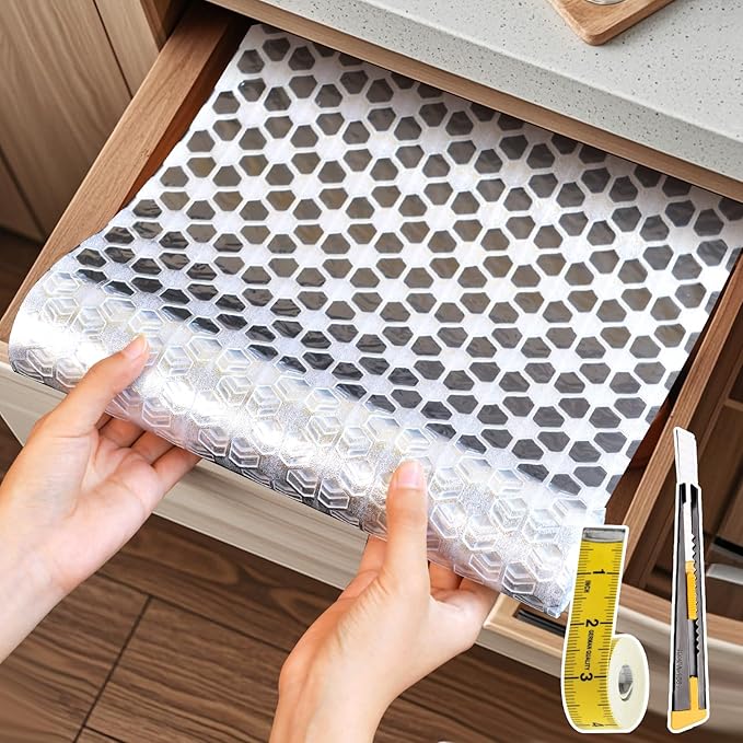 Drawer and Shelf Liner for Kitchen Cabinet: 17 in X 20 Ft Non Slip Waterproof Shelf Paper Non Adhesive Refrigerator Liners Silver Square Easy Liners for Bathroom with Knife Tape Measure