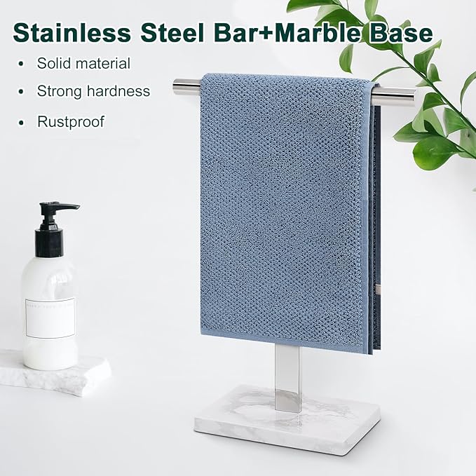 Hand Towel Holder, T-Shape Hand Towel Stand for Bathroom, Hand Towel Rack Bar Standing for Vanity Kitchen Countertop, 304 Stainless Steel, Marble Base (Chrome)