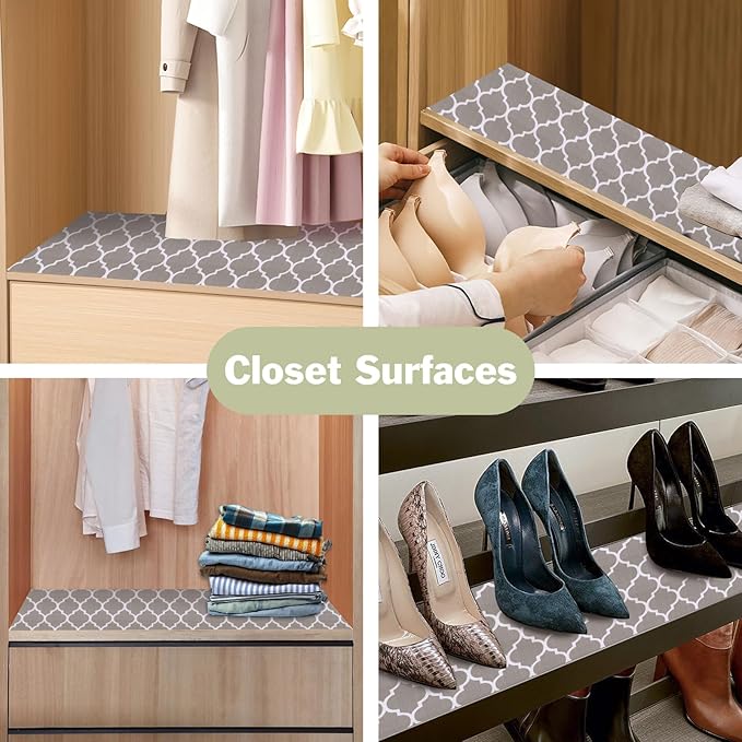 Drawer and Shelf Liner for Kitchen Cabinet: 12 in X 30 Ft Non Slip Waterproof Shelf Paper Non Adhesive Refrigerator Liners Gray Quatrefoil Easy Liners for Bathroom Cupboard with Knife Tape Measure