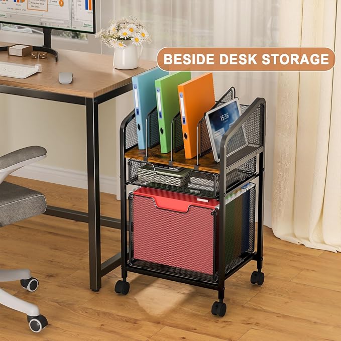 Rolling File Cabinet with Adjustable Dividers, Mobile Filing Cabinet with 2 Storage Drawers on Lockable Wheels, Hanging File Organizer Beside Under Desk for Office, Home（Patent Pending）