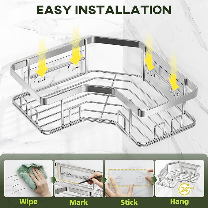 MAXIFFE 3 Pack X-Large Corner Shower Caddy with Soap Holder, Large Capacity Sturdy Easy Install No Drilling Stainless Steel Hold 40 LB Shower Organizer Shelves Rack for Family Renter Bathroom, Silver