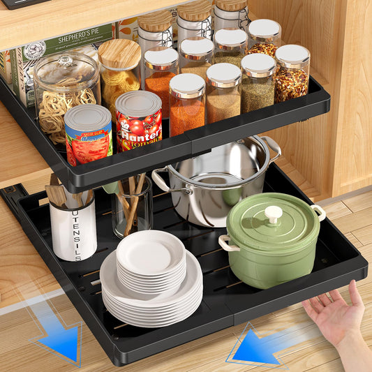 DOMNIU 2 Pack Pull Out Cabinet Organizers Expandable (11.6''-17.5''), Slide Out Drawers for Kitchen, Bathroom, Pantry, Under Sink Storage, Pull Out Drawers Fixed with Adhesive Nano Film (Black)