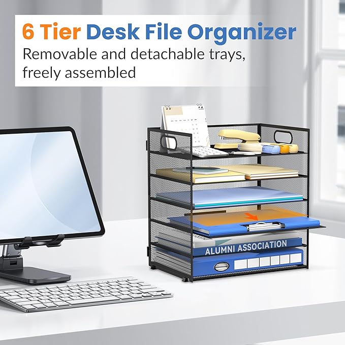 Daltack 6 Tier Paper Organizer for Desk, Paper Letter Tray Organizer for Desks, Mesh Desk File Organizers with Handle for Office, Home, School, Black, 2 Pack