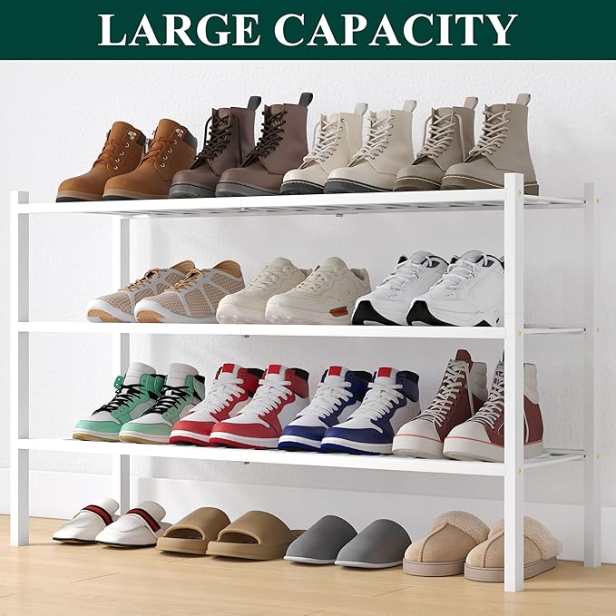 Smiry Shoe Rack, 3 Tier Long Bamboo Shoe Organizer, Stackable Free Standing Wooden Shoe Storage Shelf for Closet, Entryway, Front Door Entrance, White