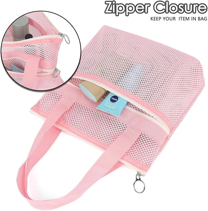 Mesh Shower Caddy Portable Shower Bag for Travel, Gym, Camping – Quick-Dry Hanging Toiletry Organizer with Zipper Pockets for Bathroom Essentials,Pink