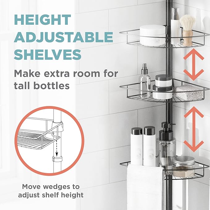 Zenna Home Tension Pole Shower Caddy Corner Organizer, Adjustable Standing Shower Caddy with 4 Baskets, Rust Resistant Bathroom Tension Rod Organizer, 60 to 97 Inch, Matte Black