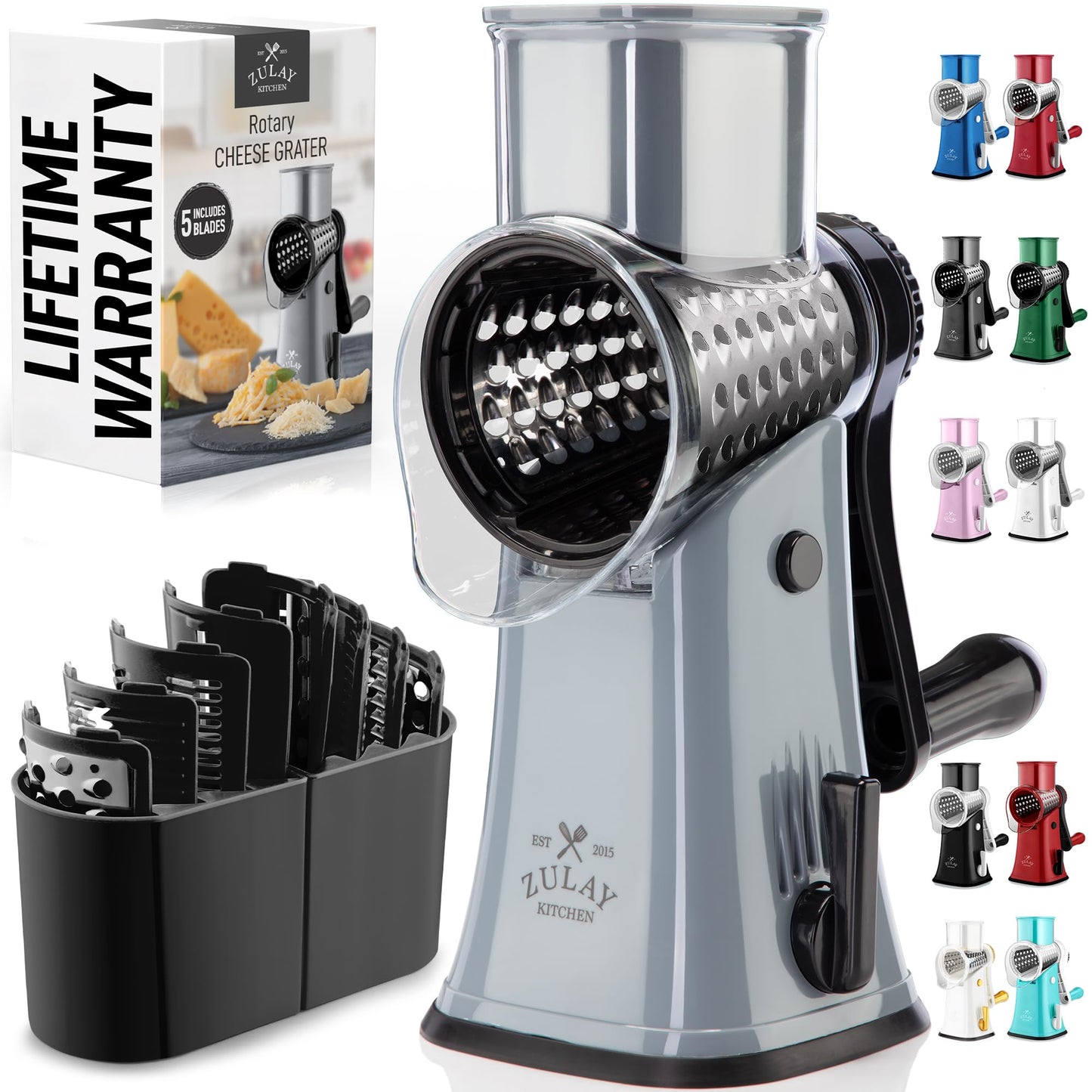 Zulay Kitchen Rotary Cheese Grater 5 Blade Cheese Shredder - Manual Hand Crank Cheese Grater With Reinforced Suction & 5 Interchangeable Drums - Easy to Use, Vegetable Chopper Round Mandoline Slicer
