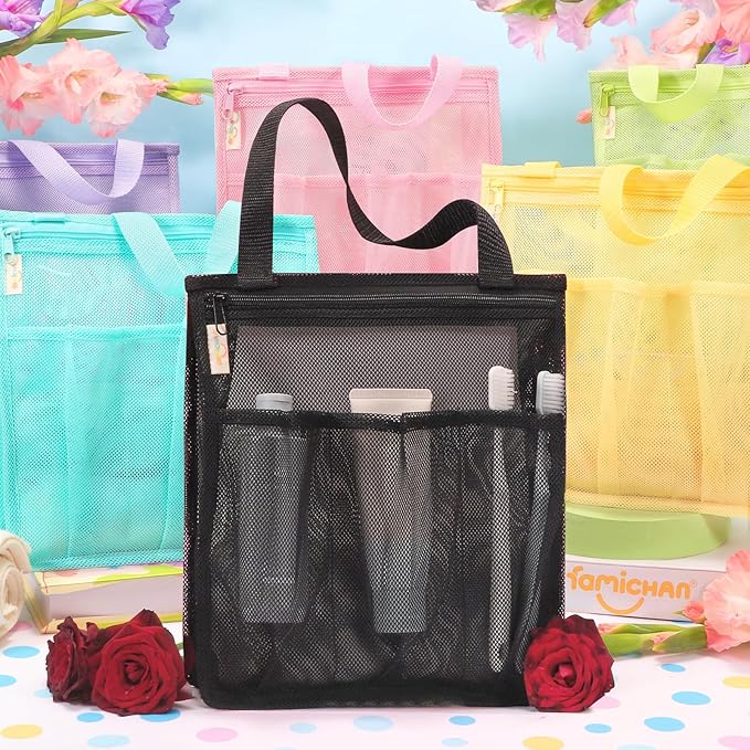 Portable Mesh Shower Caddy, Gym Travel Camp Dorm Room Essentials for College Student Boy Girl, Bathroom Shower Bag - Black