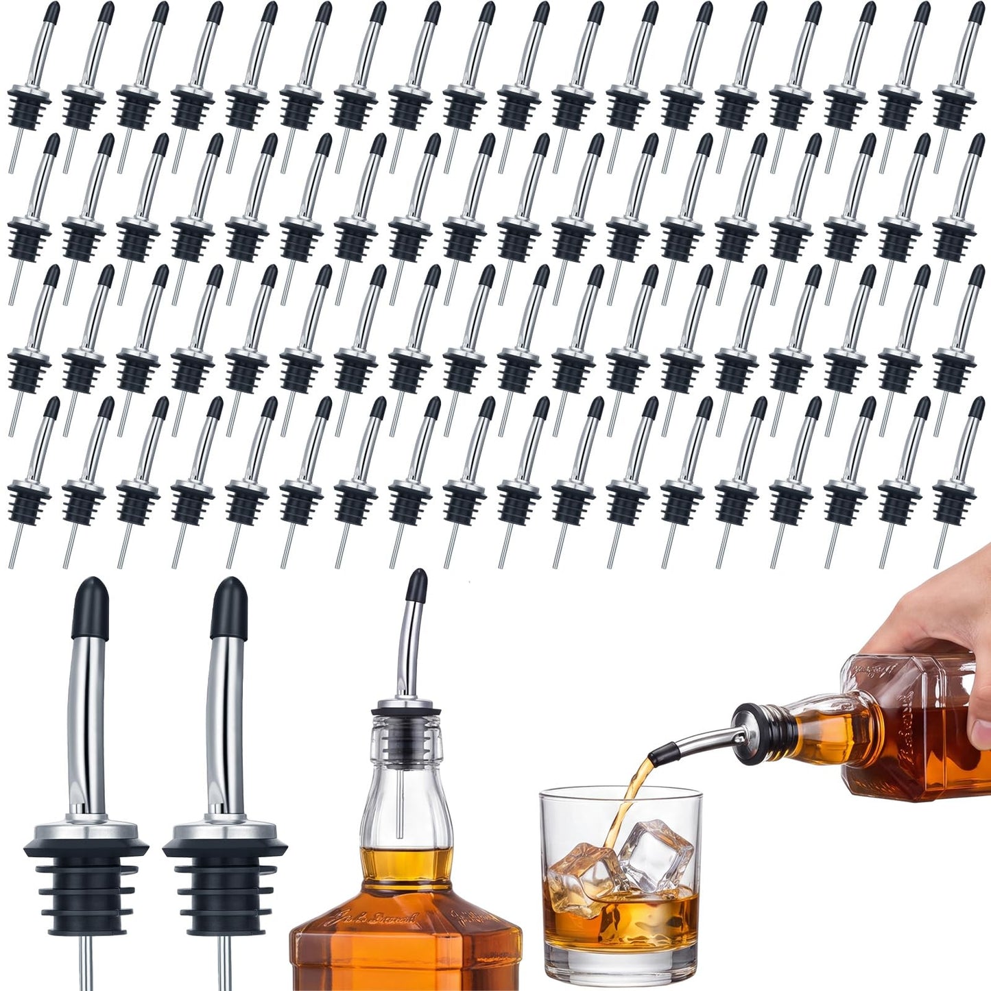 Chengu 72 Pcs Liquor Spout Stainless Steel Bottle Pourers Tapered Liquor Pourers with Rubber Dust Caps Tapered Spouts Set Bar Supplies Vinegar Bottle Dispenser Wine Spout for Alcohol Olive Oil