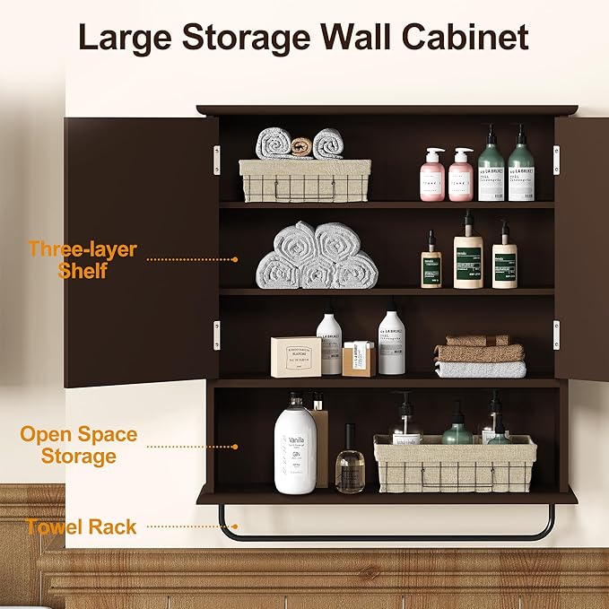 RoyalCraft Bathroom Medicine Cabinet Wall Mounted, Over The Toilet Storage Cabinet with Towel Rack and Adjustable Shelf, Large Bathroom Towel Cabinet Wall Mount 22x25 inch (Brown)