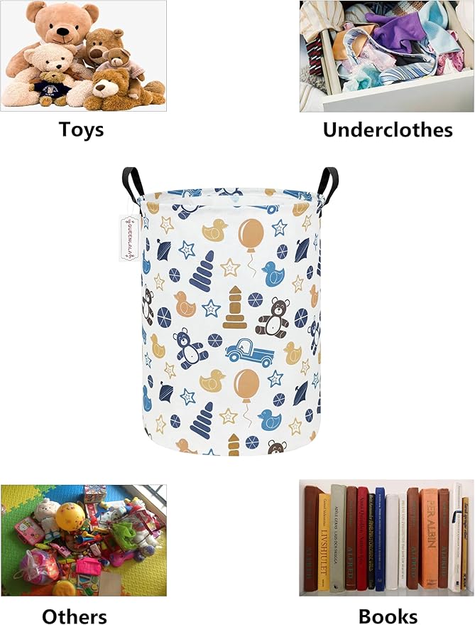 QUEENLALA Large Storage Basket,Laundry Hamper/Bathroom/Home Decor/Collapsible Round Storage Bin,Boys and Girls Hamper/Boxes/Clothing(Round-Colorful Bear)
