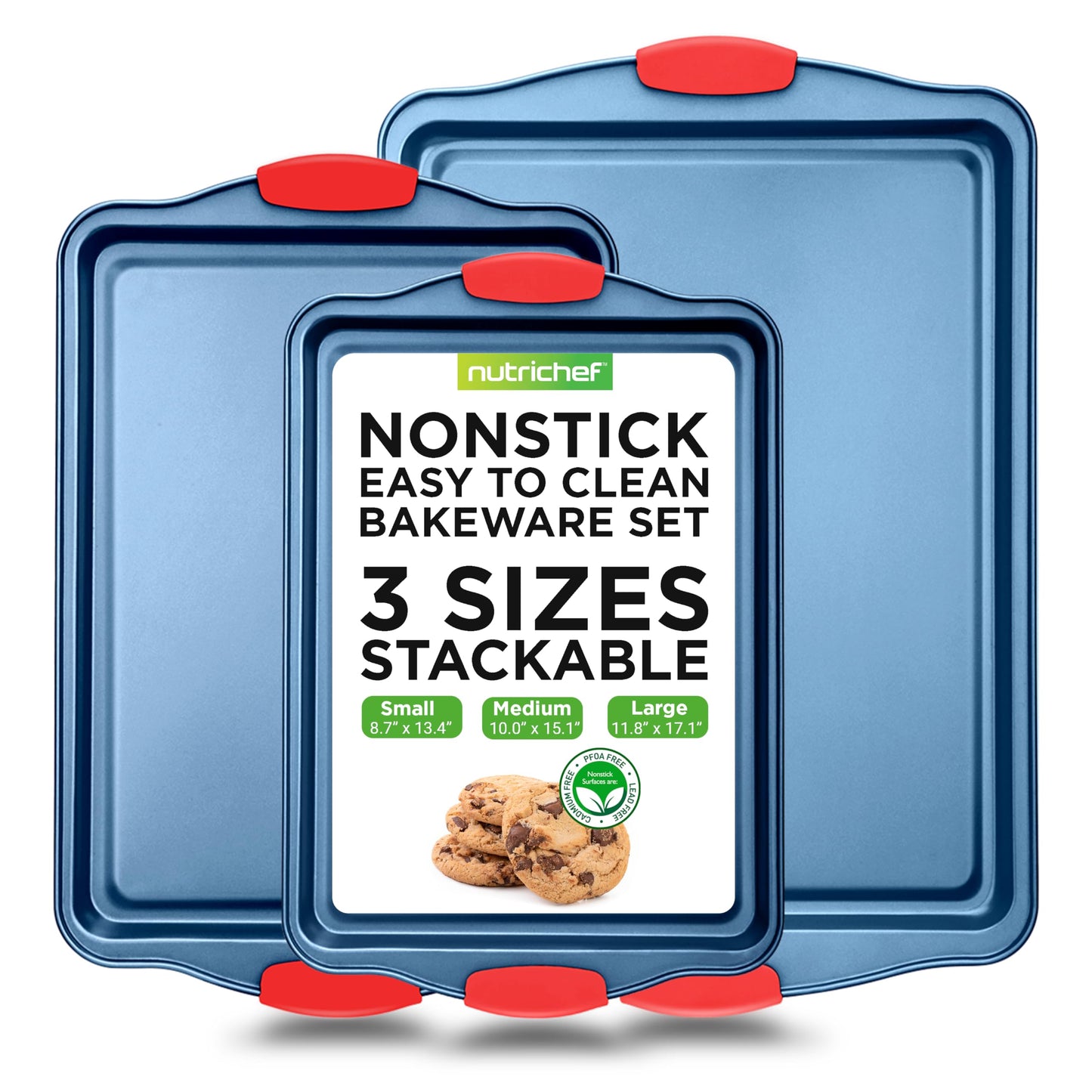 NutriChef 3-Piece Nonstick Cookie Sheets for Baking - Premium Carbon Steel Baking Trays w/ Non-Stick Smooth Coating & Silicone Handles - Large, Medium, & Small Bakeware - Blue