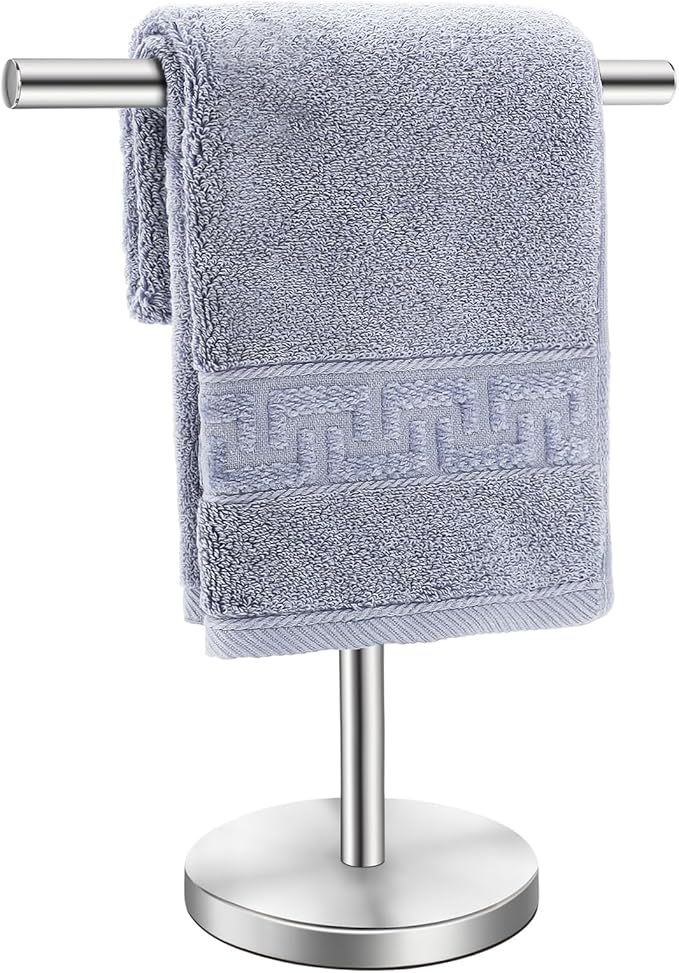 T-Shape Bath Hand Towel Holder Stand, Stainless Steel Free Standing Hand Towel Rack with Heavy Base, for Bathroom Kitchen & Countertop, Silver