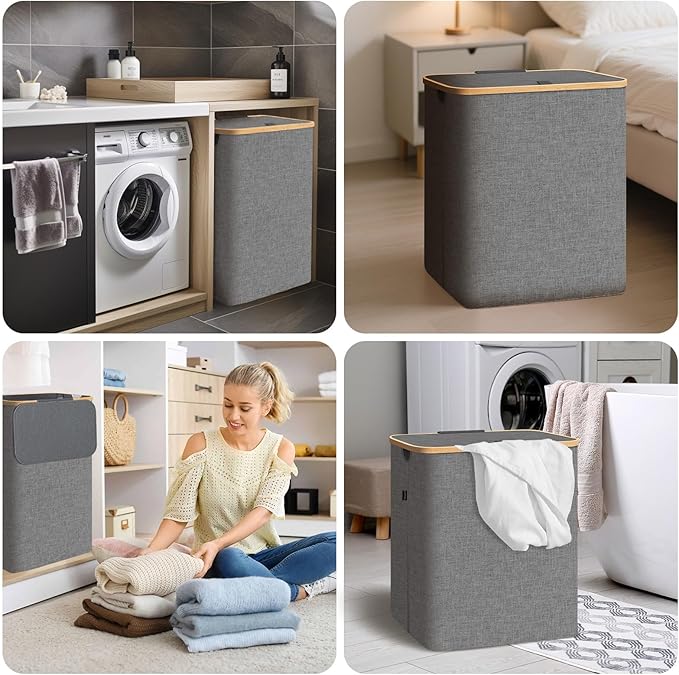 BALEINE Laundry Hamper with Lid, Tall Laundry Baskets with Bamboo Pull Handles, Large Laundry Bin with Internal Support (26Gal/100L, Carbon Black)