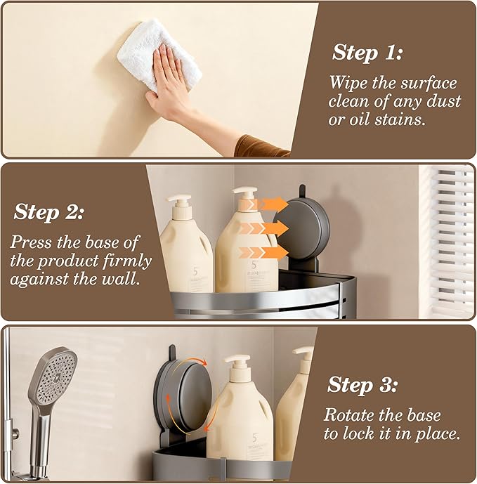 Corner Suction Cup Shower Caddy(2-Pack Gray),No-Drilling Aluminum Shower Shelf with Towel Bar & Hooks,Removable Bathroom and Kitchen Storage Organizer.