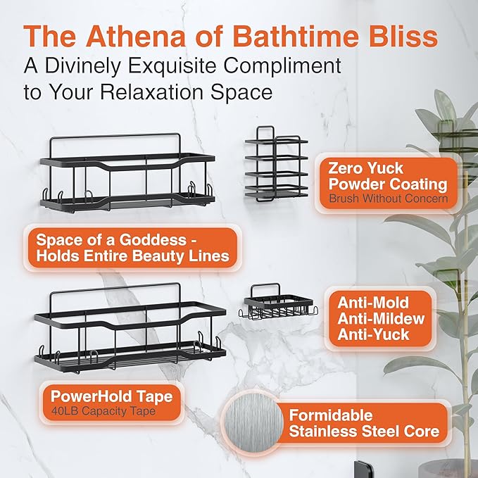 Shower Caddy Bathroom Shelves, The Athena Silken 4 Set, 40LB Capacity, Adhesive Tape No Drill - Rustproof -Gorgeous Powder Coated 304 Stainless Steel Shower Organizer for kitchen & Home Decor - Black