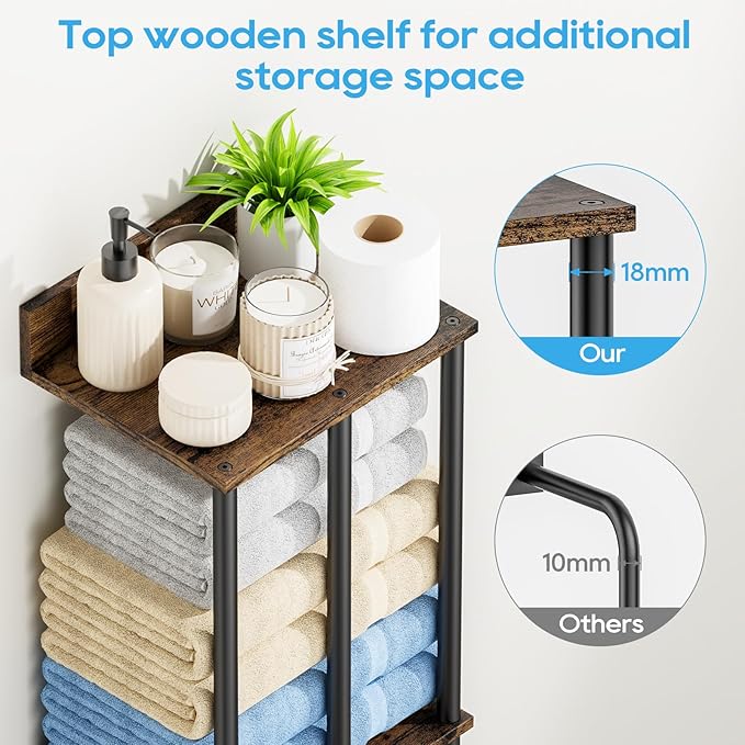 Towel Racks for Bathroom Wall Mounted with Wooden Storage Shelf, Updated 3 Bar Metal Towel Holder for Rolled Towels, Sturdy and Large Capacity, Towel Storage Organizer