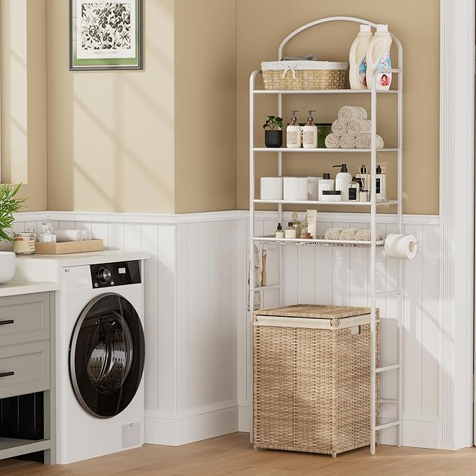 4-Tier Over The Toilet Storage, Bathroom Organizer, Space-Saving, Above Toilet Storage Rack with 4 Hooks and Paper Holder, Metal Shelf, White