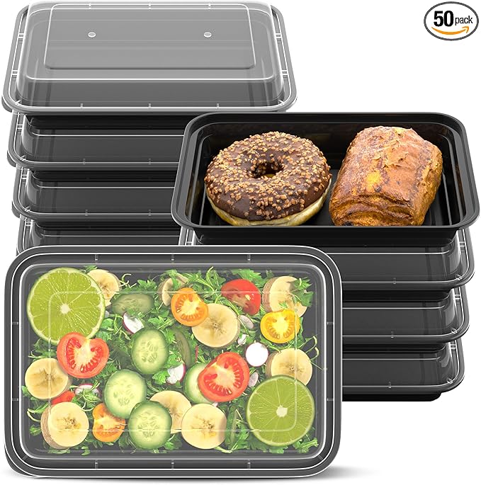 Geisoun 38oz Meal Prep Containers [50-Pack], Reusable Bento Box with Easy-Snap Leakproof Lids - Microwave, Dishwasher & Freezer Safe Food Storage, BPA-Free Plastic Lunch Containers (Black)