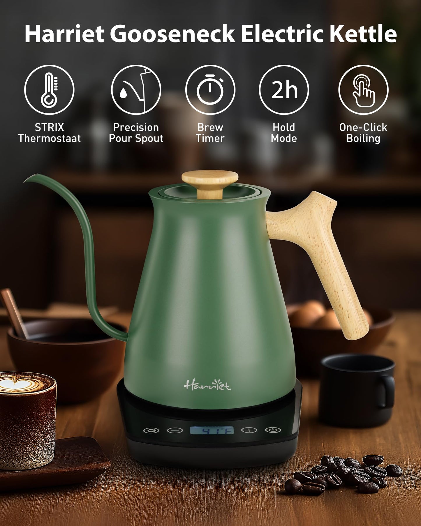 Harriet Gooseneck Electric Kettle, 1°F Control, Brew Time, 0.8L