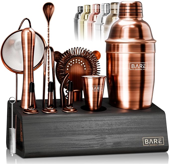 BARE BARREL® Mixology Bartender Kit Bar Set | 14-Piece Cocktail Shaker Set | Martini Barware Mixing Tools for Home Bartending | Incl. 35 Recipe Cards | Gift Set (24oz Cobbler Shaker, Jet Black/Black)
