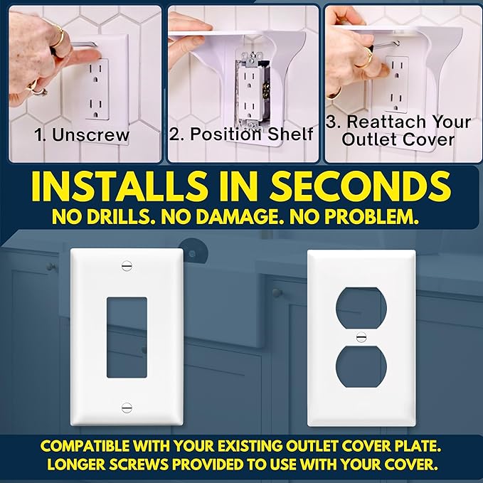 BeraTek Power Perch Wall Outlet Shelf with Cord Storage Strap - Declutter & Reclaim Counter Space - Echo Dot Wall Mount, Charging Shelf, Apple HomePod Mini Stand - White, 1-Pack