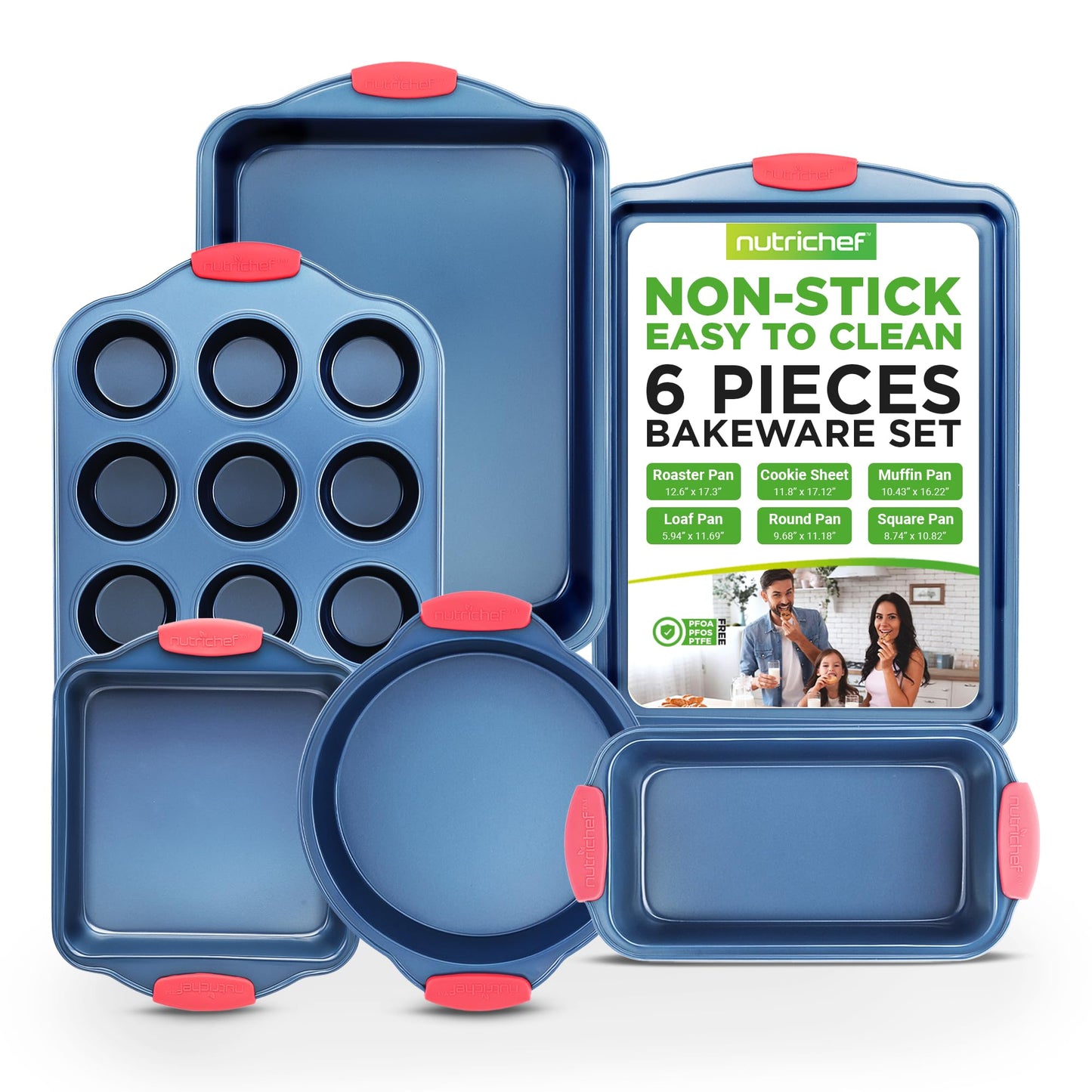 NutriChef 8-Piece Bakeware Set - Nonstick Carbon Steel Baking Pans with Red Silicone Handles, Blue Coating, Durable & Stain-Resistant, Perfect for Baking Cakes, Muffins, Cookies (Blue)