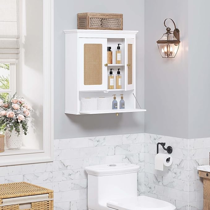 Spirich Bathroom Wall Cabinet Over Toilet, Boho Rattan Medicine Cabinet with Adjustable Shelf, Space-Saving Wall Mount Storage