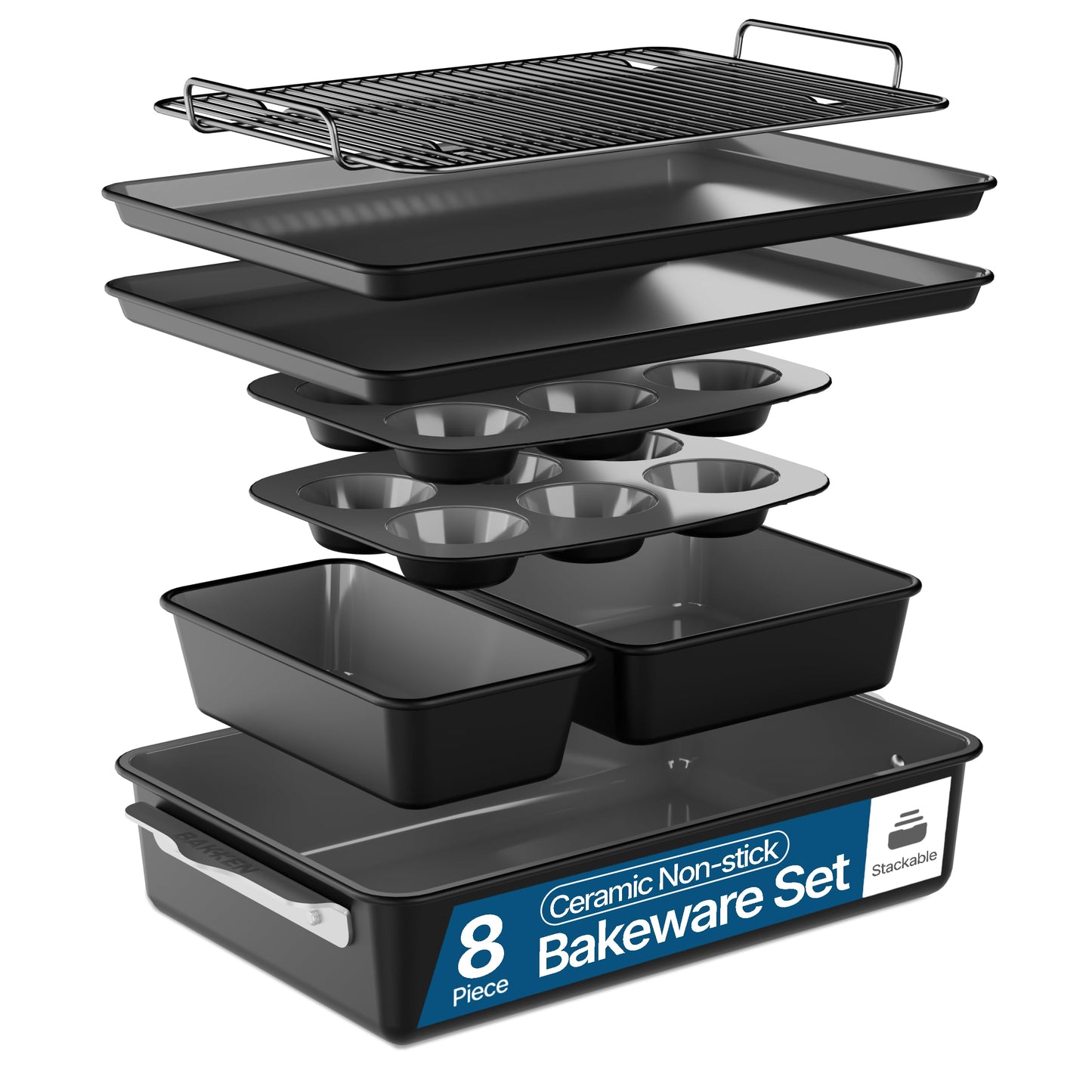 Bakken 8-Piece Ceramic Coated Bakeware Sets, Nonstick Aluminized Steel Pans with Muffin, Loaf, Cake, Roasting Pan, & Cooling Rack, Oven Safe Up To 500°F, Dishwasher Safe, BPA, PTFE & PFAS Free, Green