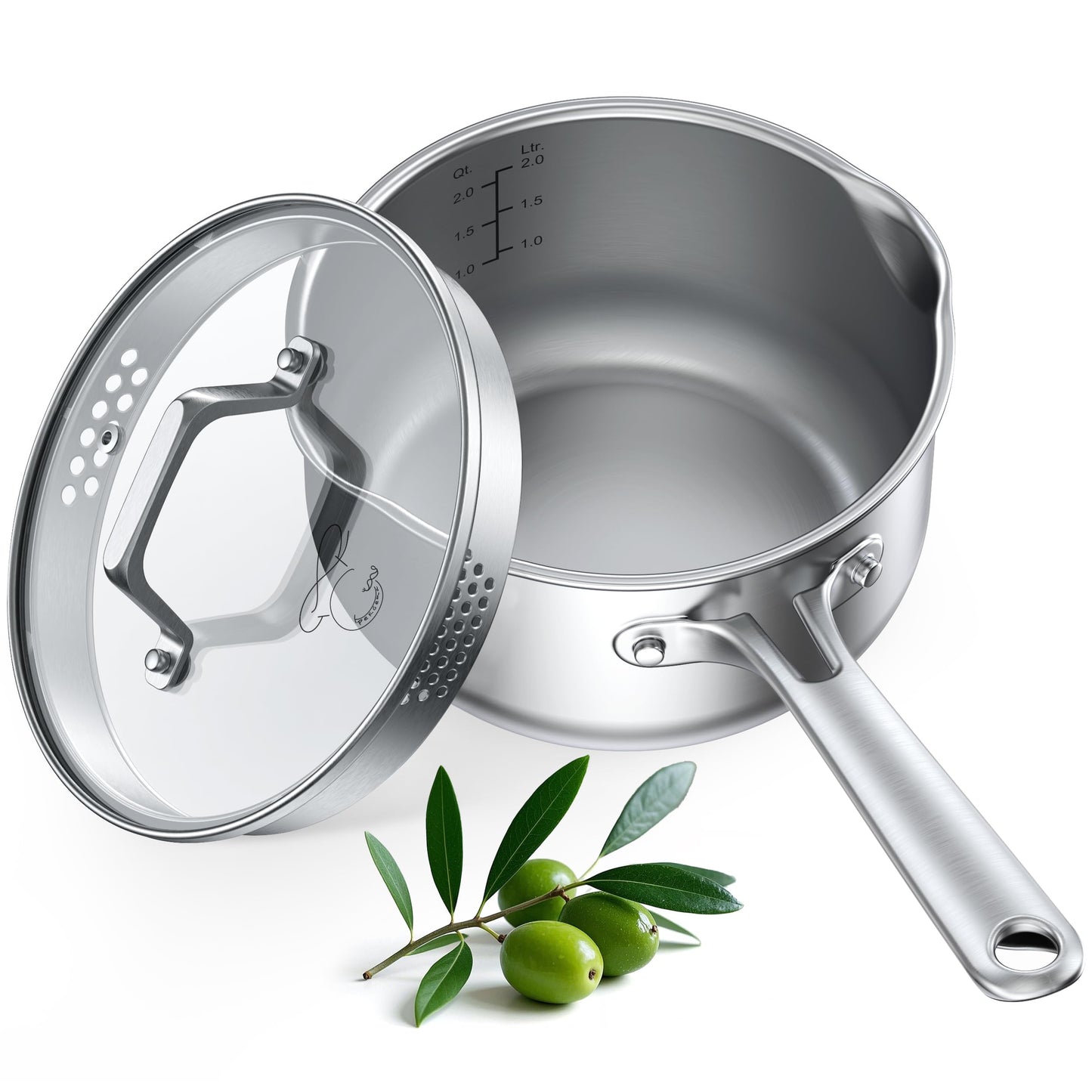 PekGema 2.5QT Saucepan w/Glass Strainer Lid, Tri-Ply Stainless Steel