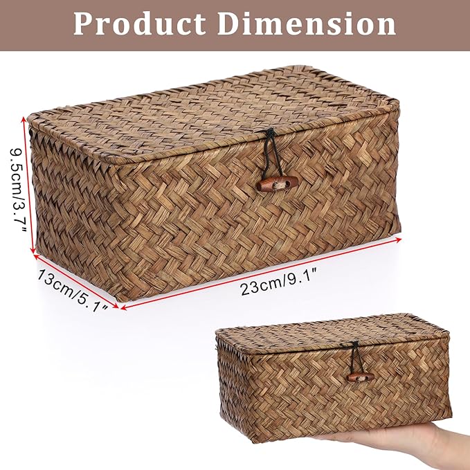 Sumnacon Small Wicker Basket with Lid Rectangle Woven Baskets for Toiletries Tampon Storage,Wicker Storage Basket with Lid,Decorative Seagrass Storage Baskets for Shelf Bathroom Toilet Table, Coffee