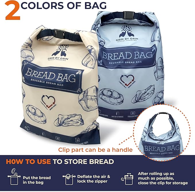 GRIN BY GRIN- Bread Bags 2 Pack Reusable Zipper Bags for Homemade Bread Sourdough Extra Large Freezer Storage
