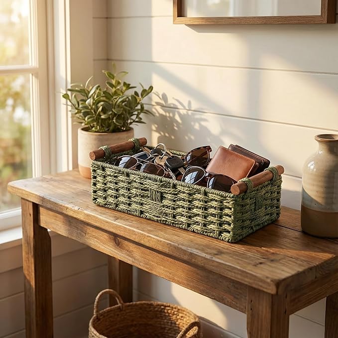 Back of Toilet Basket, Green Wicker Toilet Tank Basket for Toilet Paper Storage (Holds 2 Rolls), Handwoven Paper Rope Bathroom Basket Organizer with Wooden Handles, Basket for Top of Toilet Tank