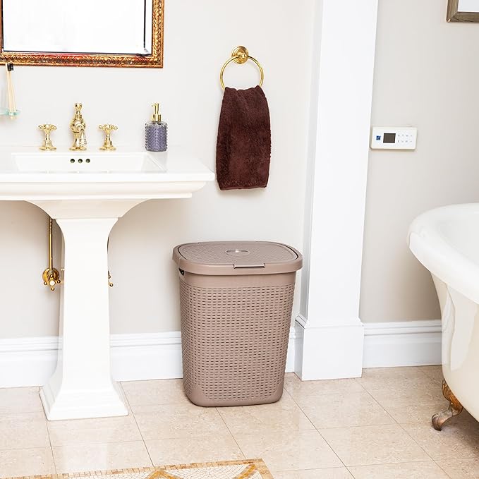 Mind Reader Slim Laundry Hamper with Lid, 40L Clothes Basket, Premium Wicker Design, Plastic, Tan