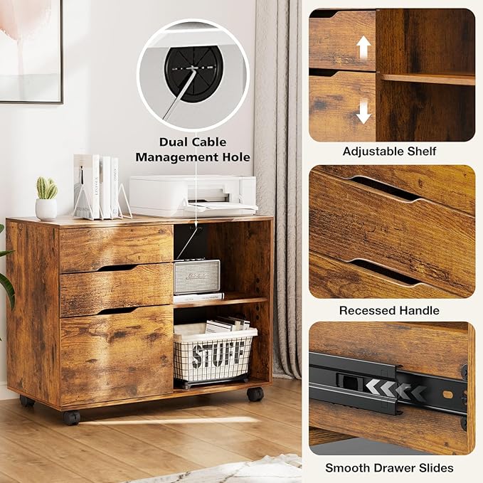 DUMOS Lateral File Cabinet with 3 Drawers Rolling Filing Cabinets Under Desk Storage Printer Stand Wood Organizer with Wheels Adjustable Shelf for Office Home Small Space, Brown