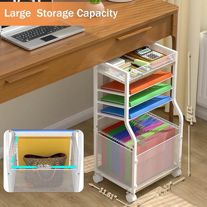5-Tier Rolling File Cart with Hanging File Folders, Mobile Desk File Organizer on Lockable Wheels, Wood & Mesh Paper Letter Sliding Trays Organization for Office, Home, School, Patent