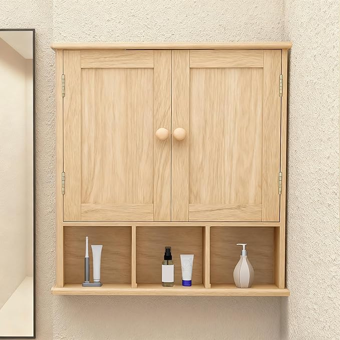 TaoHFE Natural Wooden Color Bathroom Wall Cabinet with 2 Door Adjustable Shelves,Over The Toilet Storage Wall Mounted Medicine Cabinets for Bathroom Laundry Room Kitchen