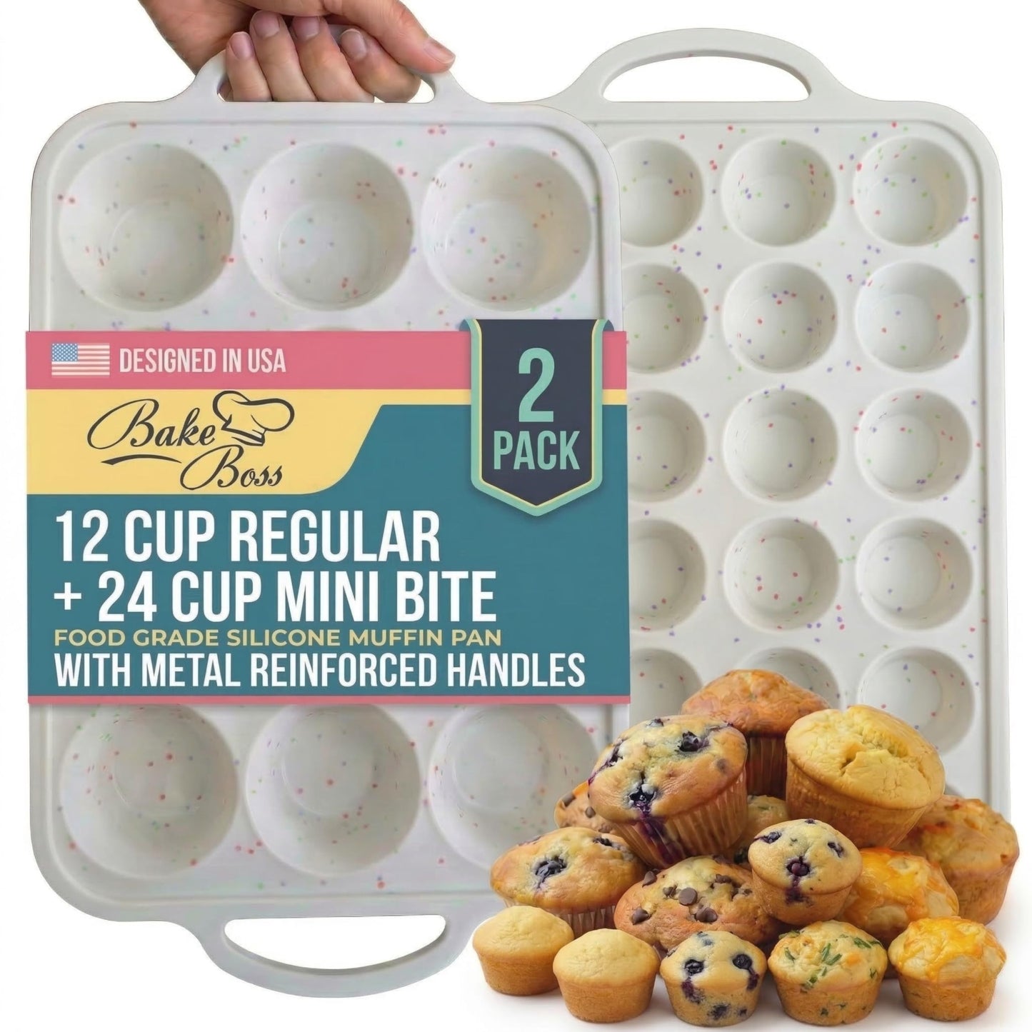 BAKE BOSS Silicone Muffin Pans, 2-Pack Regular 12 Cup, BPA-Free