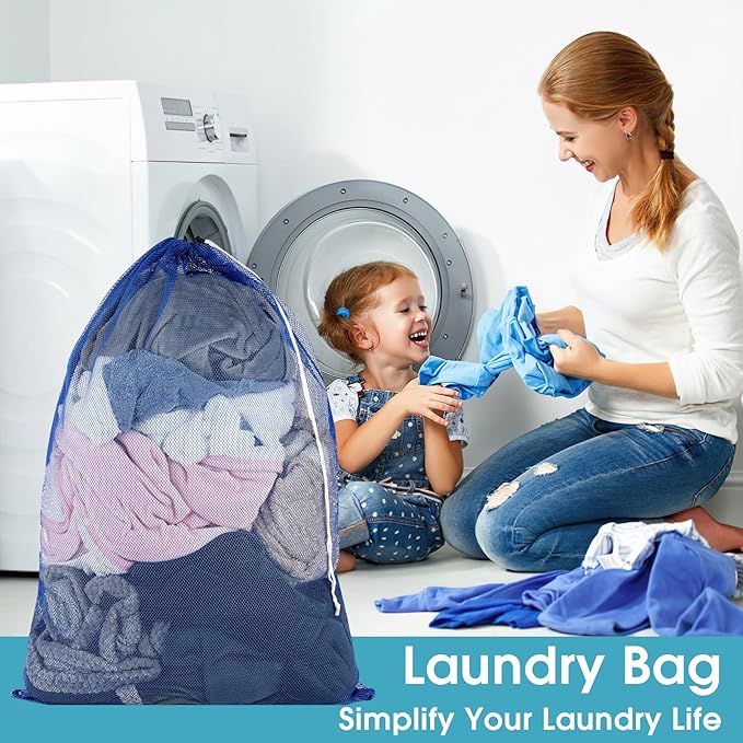 2 Pack Mesh Laundry Bags, 23 x 34 Inches Heavy Duty Mesh Laundry Bag, Large Laundry Drawstring Bag for College, Dorm, Travel, Family and Apartment Dwellers, Blue