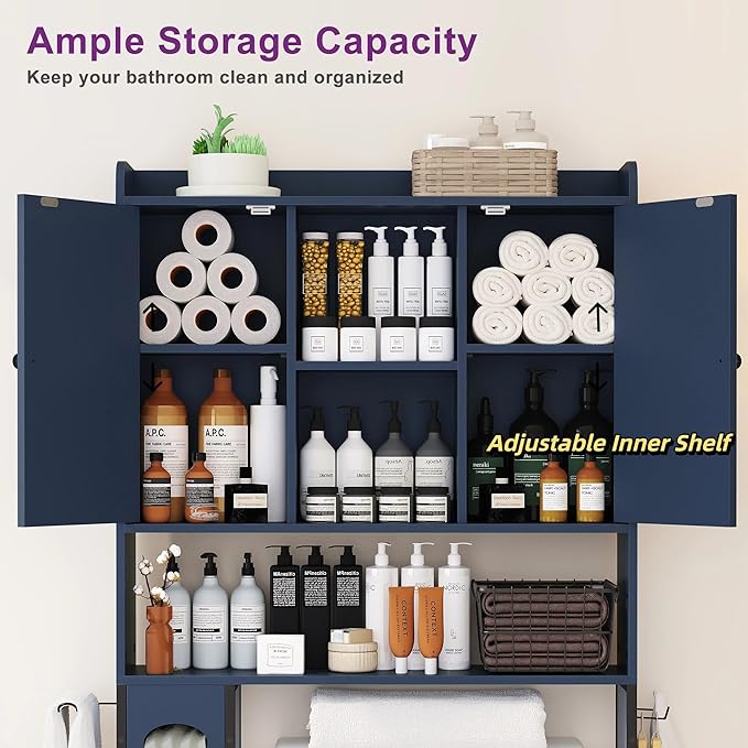 EasyCom Over The Toilet Storage Cabinet with Metal Frame and 7 Storage Shelves, Bathroom Organizer with Adjustable Shelves and Paper Holder, Farmhouse Storage Cabinet for Bathroom, Laundry, Dark Blue